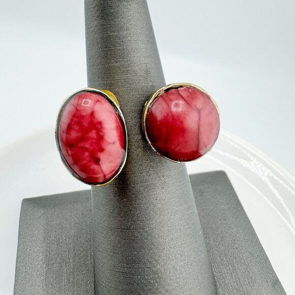 Vintage Hammered Pink Stone Brutalist Double Ring Boho Chic Southwestern Retro - Picture 4 of 6
